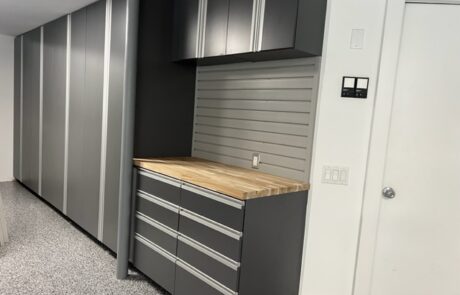 garage slatwall and storage cabinets